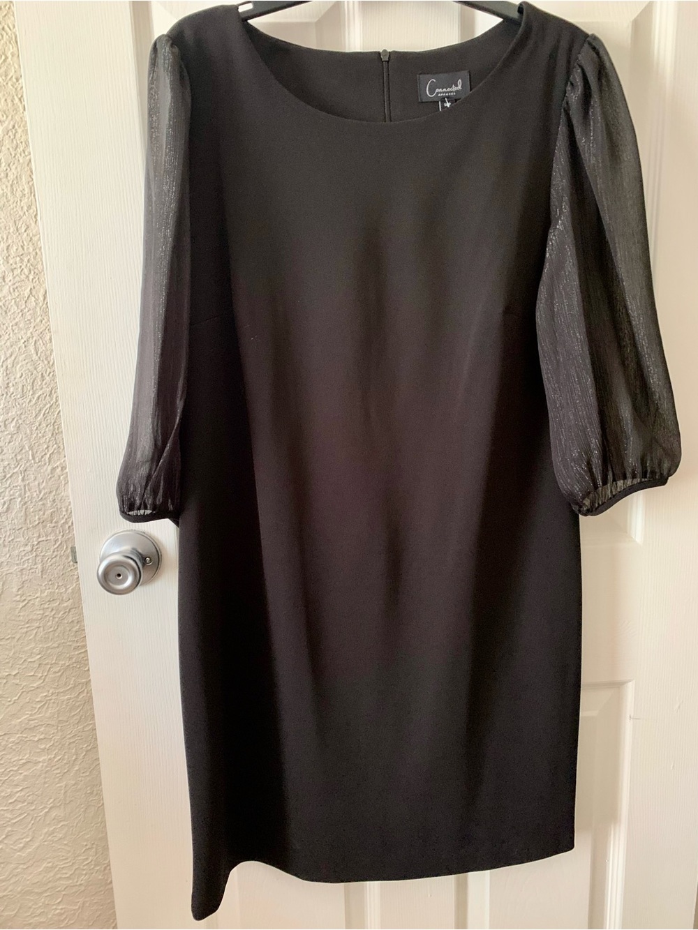 connected apparel Black Sheer Puff-Sleeve Shift Dress